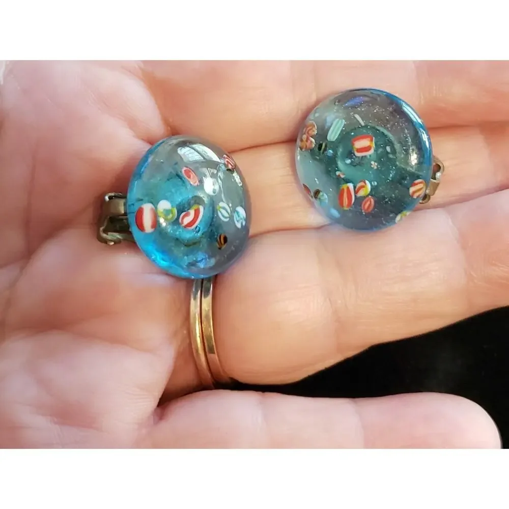 Vintage Blue Embedded Millefiore Lucite Clip-On‎ Earrings- Colorful Retro bcl-22